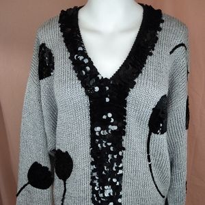 Vtg 80's Nannell Silver Sweater with Black Sequin Accents